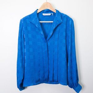 Laura and Jayne Long Sleeve Satin Pleated Panel Button Up Blue Blouse